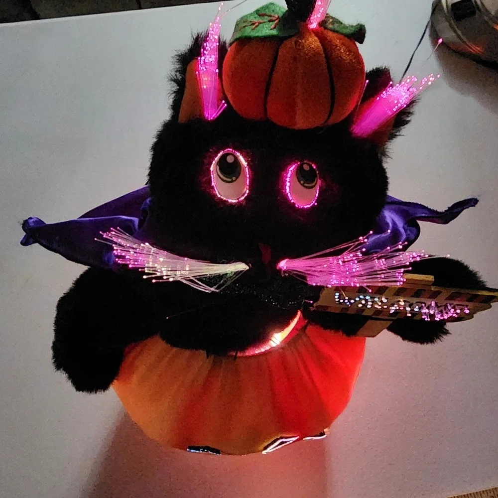VTG Fiber Optic Halloween Black Cat Pumpkin Welcome Sign Light Up Decor 14 inch